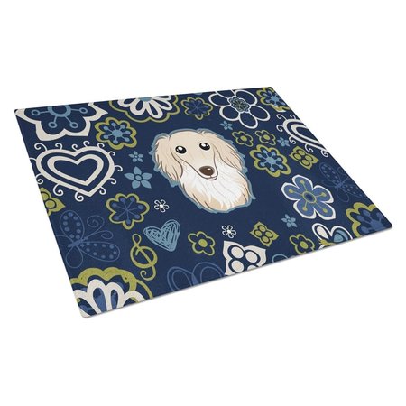 CAROLINES TREASURES Blue Flowers Longhair Creme Dachshund Glass Cutting Board Large BB5063LCB